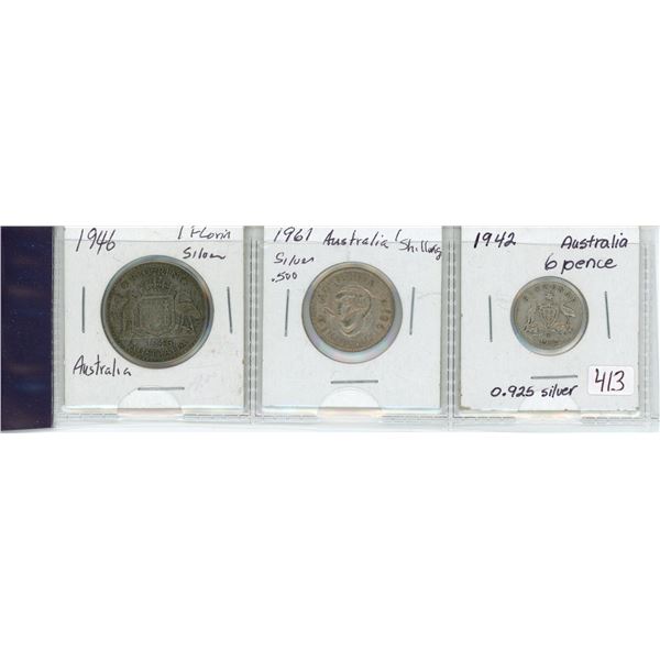 Lot of 3:  Australia Silver 1942 Six Pence,  Silver 1961 One Shilling, Silver 1946 Florin