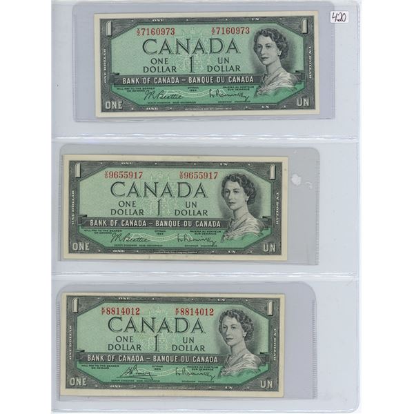 Lot of 3:  1954 Canada $1 bills, Beattie/Rasminsky,  # X/Z 7160973 & V/O 9655917, Bouey/Rasminsky,  