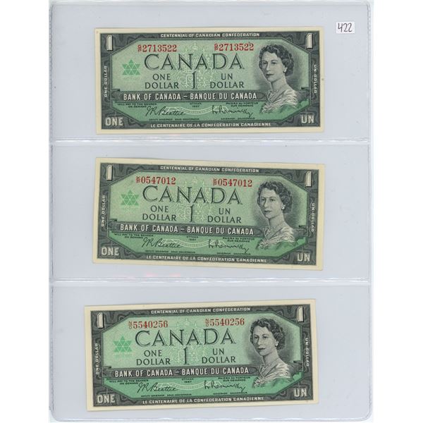 Lot of 3:  1967 Canada $1 bills, Beattie/Rasminsky, # G/P 2713522, # K/P 0547012 & # N/O 5540256