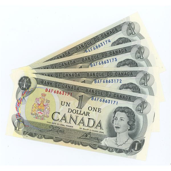 Lot of 4: 1973 Sequential Canada $1 bills, Crow/Bouey, # BAF 6863171-174