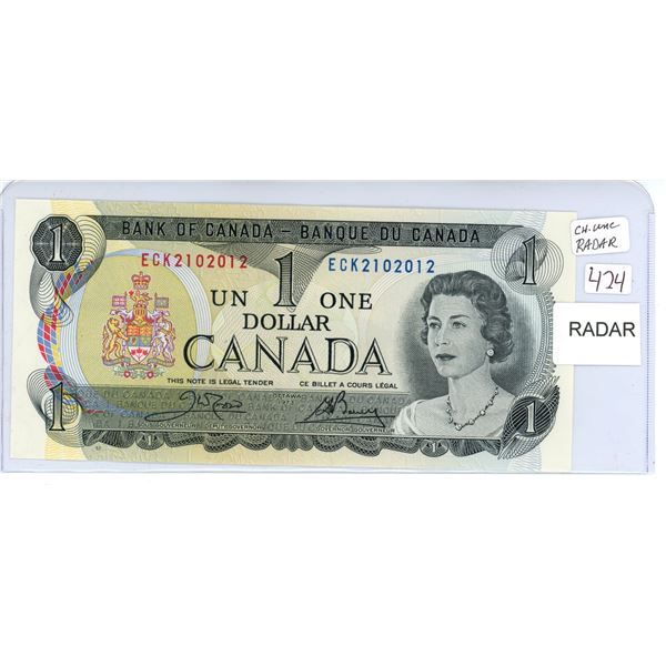 1973 Canada CH UNC Radar $1 bill, Crow/Bouey, # ECK 2102012