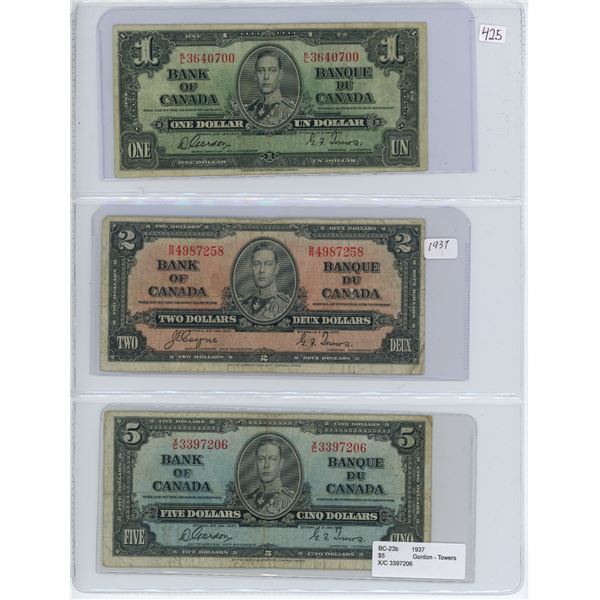 Lot of 3:  1937 Bank of Canada bills, $1 Gordon/Towers # K/L 3640700, $2 Coyne/Towers # B/R 4987258,