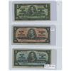 Image 1 : Lot of 3:  1937 Bank of Canada bills, $1 Gordon/Towers # K/L 3640700, $2 Coyne/Towers # B/R 4987258,