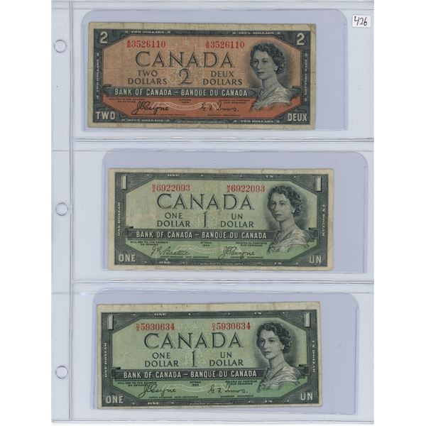 Lot of Three:  1954 Canada Devil's Face bills:  $1 Coyne/Towers # D/A 5930634, $1 Beattie/Coyne # M/