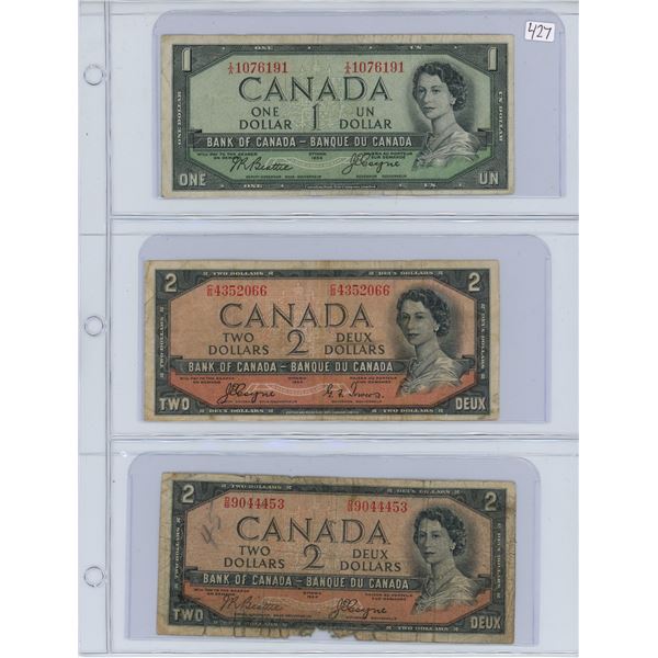 Lot of Three:  1954 Canada Devil's Face bills:  $1 Beattie/Coyne # I/A 1076191, $2 Coyne/Towers # C/