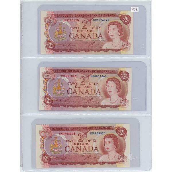 Lot of 3:  1974 Canada $2 bills, Lawson/Bouey, # UM 3296125, # UM 8001063 & # UM 4908393