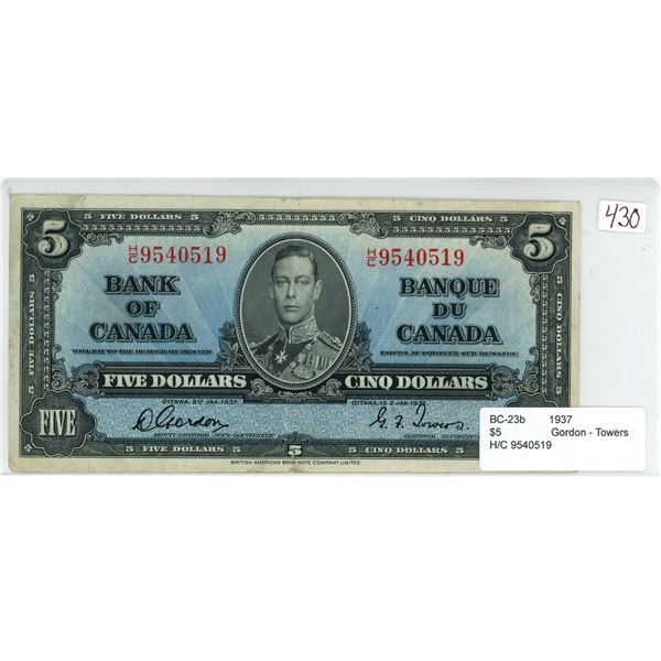 1937 Bank of Canada $5 bill, Gordon/Towers, # H/C 9540519