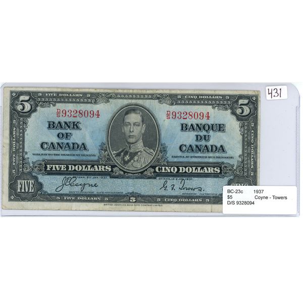 1937 Bank of Canada $5 bill, Coyne/Towers, # D/S 9328094