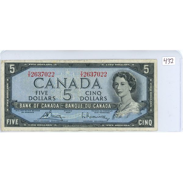 1954 Canada $5 bill, Bouey/Rasminsky, # T/X 2637022