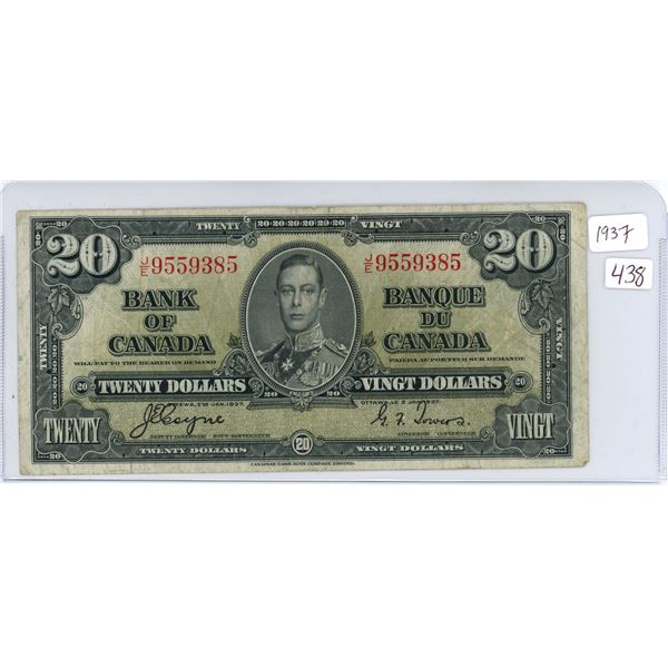 1937 Bank of Canada $20 bill, Voyne/Towers, # J/E 9559385