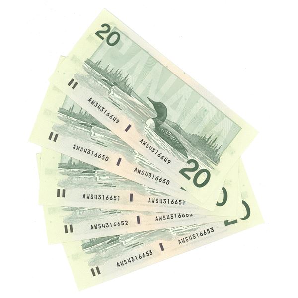 Lot of 5: 1991 Sequential $20 Bird Series bills, Knight/Dodge, # AWS 4316649-653