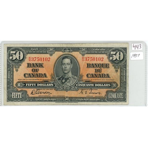 1937 Bank of Canada $50 bill, Gordon/Towers, # B/H 3750102