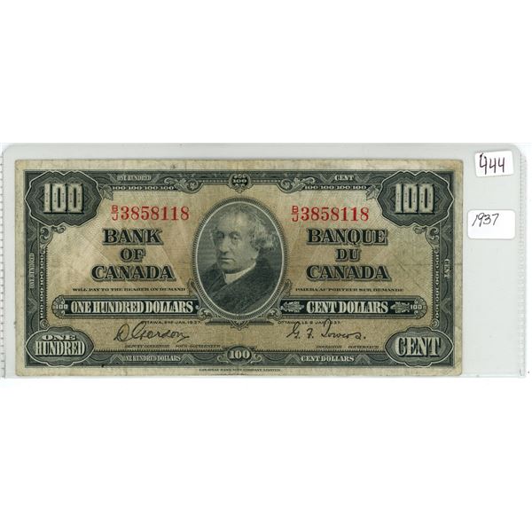 1937 Bank of Canada $100 bill, Gordon/Towers, # B/J 3858118