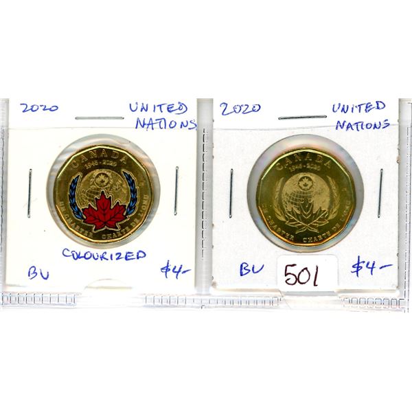 Complete Set of 2 2020 United Nations Loonies. Includes Colourized & Regular. BU from original rolls