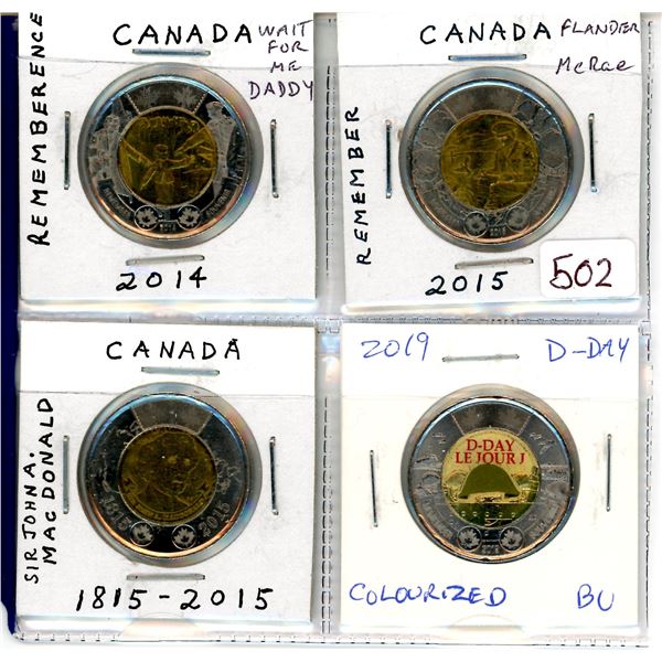 Lot of 4 Canadian Toonies: Includes 2014 Wait For Me Daddy, 2015 Flanders Field, 2015 Sir John A. Ma