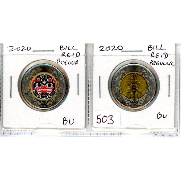 Complete Set of 2 2020 Bill Reid Toonies. Includes Colourized & Regular. BU from original rolls.