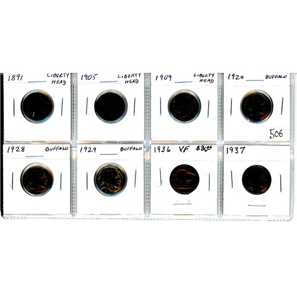 Lot of 8 U.S. Liberty Head & Buffalo Nickels. Includes 1891, 1905, 1909, 1920, 1928, 1929, 1936 & 19