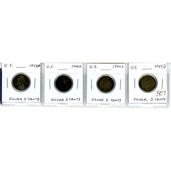 Lot of 4 U.S. World War II Silver 5 Cents. Includes 1943S, 1944D, 1944S & 1945D.