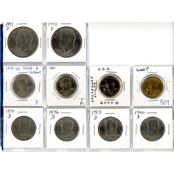 Lot of 10 U.S. Dollars & Half Dollars. Includes 2 Eisenhower, 2 Susan B. Anthony & 2 Sacagawea plus 