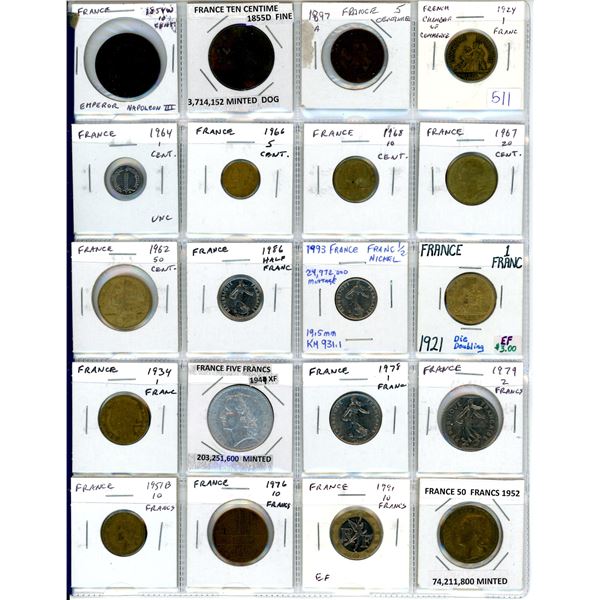 Lot of 20 French coins including Emperor Napoleon II 1854W 10 Centimes & 1855D 10 Centimes. Includes