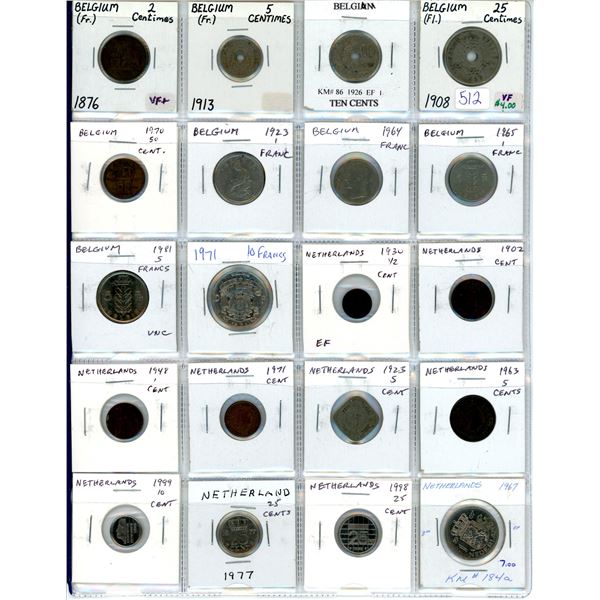 Lot of 20 coins from Belgium (including 1876 2 Centimes) and Netherlands.