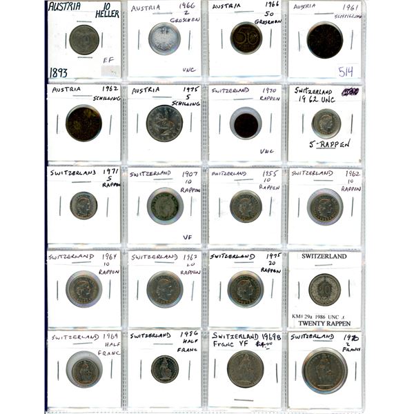 Lot of 20 Austria (including 1893 10 Heller) and Switzerland.