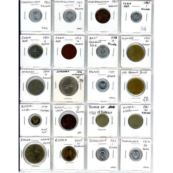 Lot of 20 Eastern European coins from Czechoslovakia, Czech Republic, East Germany, Hungary, Poland,