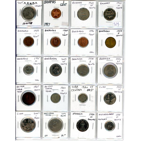 Lot of 20 Caribbean coins from Aruba, Bahamas, Barbados, Bermuda, British Caribbean Territories, Cub