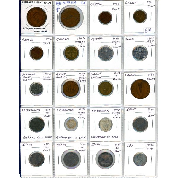 Lot of 20 World War II coins from Australia, Canada, Nazi Germany, Great Britain, Ireland, Netherlan