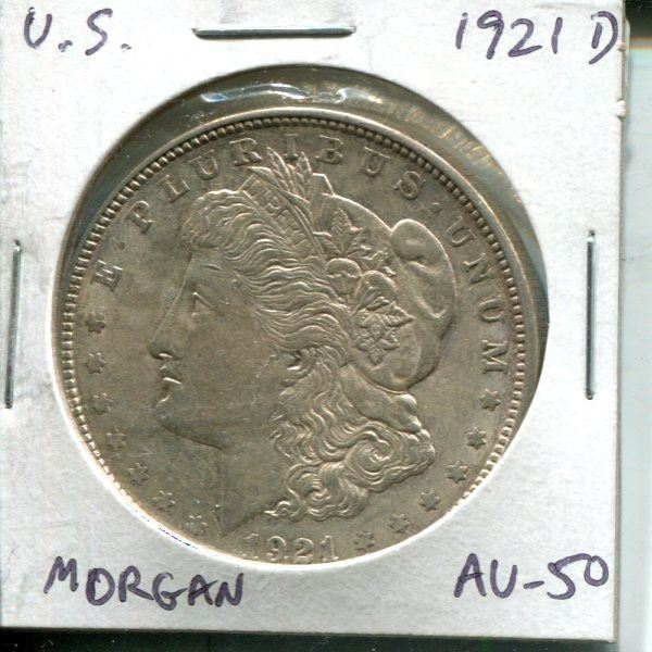 U.S. 1921D Morgan Silver Dollar. Denver Mint. AU-50.