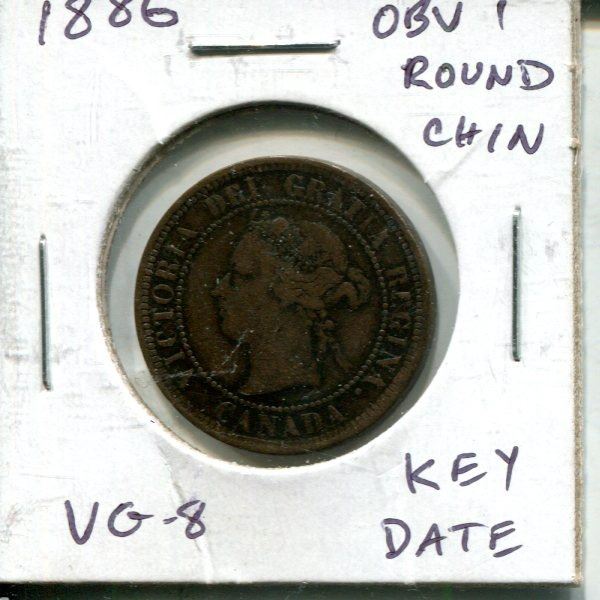 1886 Canadian Victorian Large Cent. Obverse 1 (Round Chin). VG-8. Key Date.