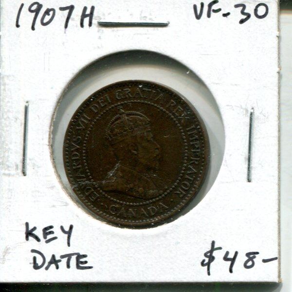 1907H Canadian Large Cent. Edward VII. Key Date. VF-30. Nice.