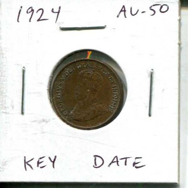 1924 Canadian Small Cent. Key Date. AU-50. Nice.