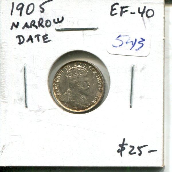 1905 Canadian Silver 5 Cents. Narrow Date Variety. EF-40. Nice.
