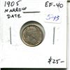 Image 1 : 1905 Canadian Silver 5 Cents. Narrow Date Variety. EF-40. Nice.