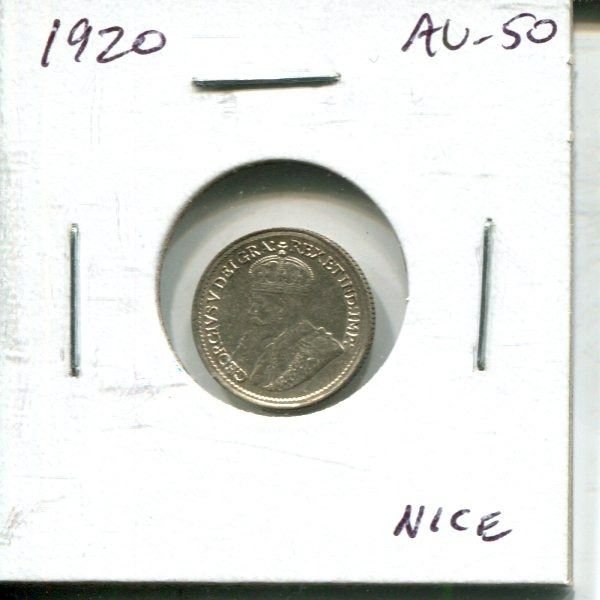 1920 Canadian Silver 5 Cents. AU-50. Nice.