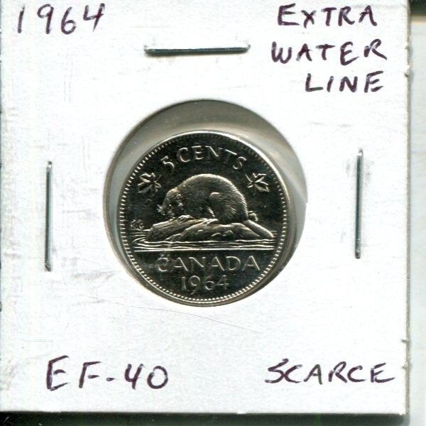 1964 Extra Water Line Nickel 5 Cents. EF-40. Scarce.