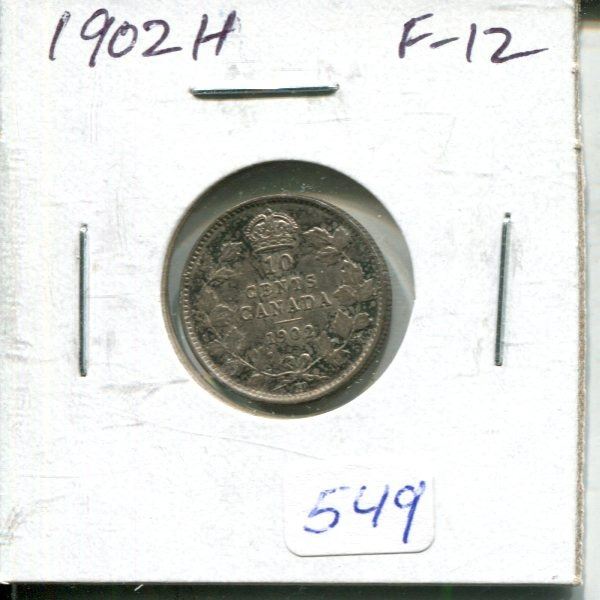1902H Canadian Silver 10 Cents. Heaton Mint. F-12.