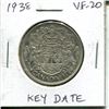 Image 1 : 1938 Canadian Silver 50 Cents. Key Date. Mintage of 192,018. VF-20.