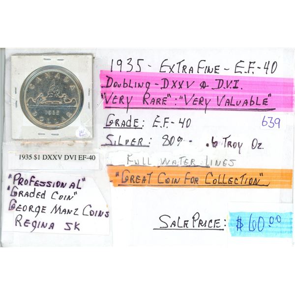 1935 Canada silver dollar EF-40 80% silver