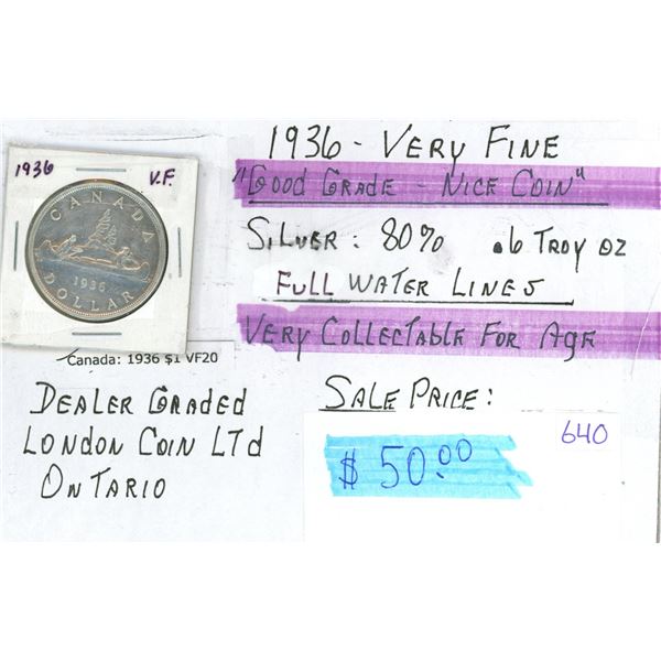 1936 Canada silver dollar 80% silver VF