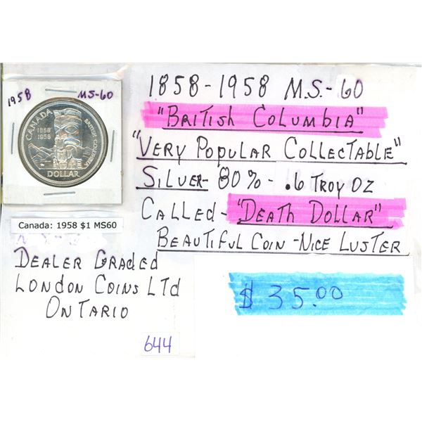 1858-1958 British Columbia silver dollar MS-60
