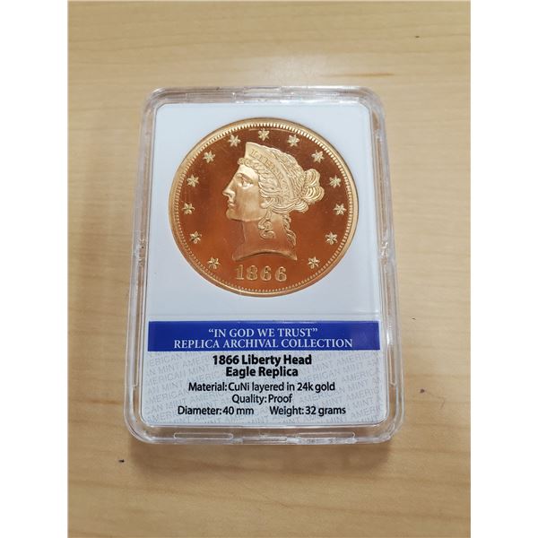 1866 Liberty Head Eagle Replica - 24K Gold Clad