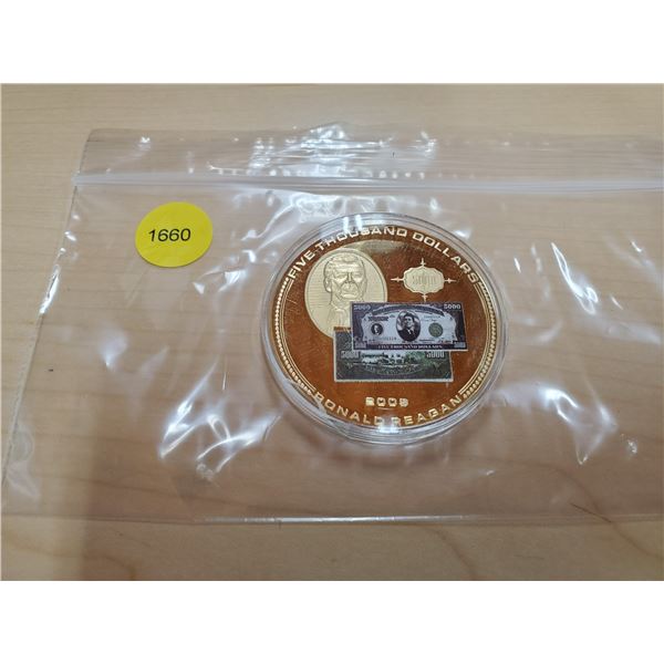 2009 Ronald Regan $5000 Bank Note Tribute Coin Replica - 24K Gold Clad