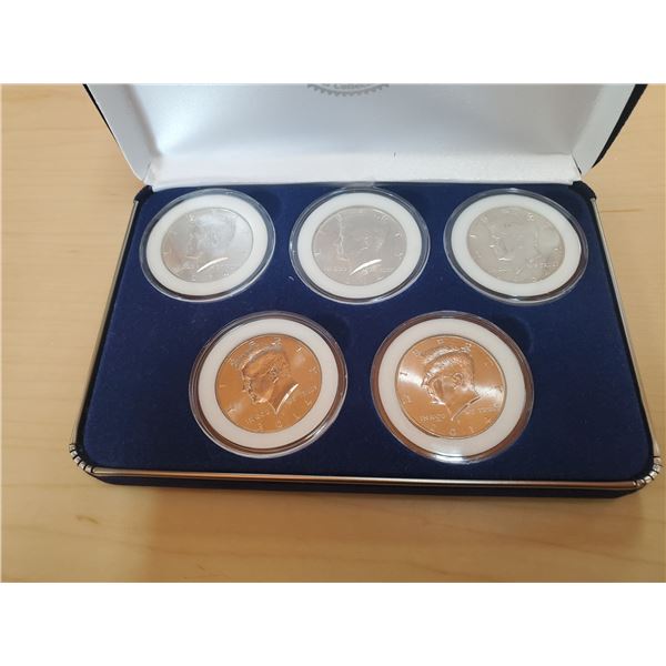 Five JFK Fifty Cent Coins in Blue Velvet Display Case