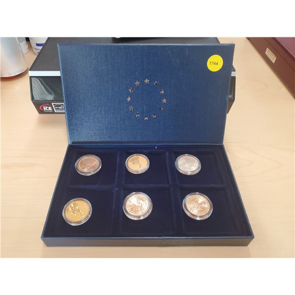 Six Presidential One Dollar Gold Plated Coins in Blue Box