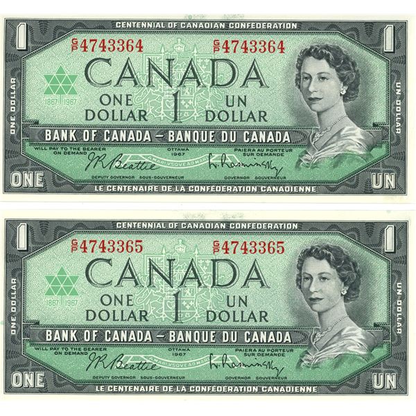 1967 Two Canadian One Dollar Bills - Consecutive Serial Numbers