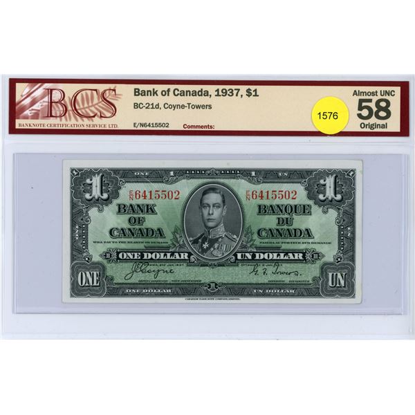 1937 BCS Graded Canadian One Dollar Bill