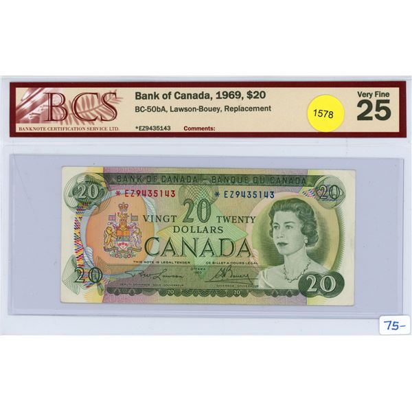 1969 BCS Graded Canadian Twenty Dollar Bill Asterick