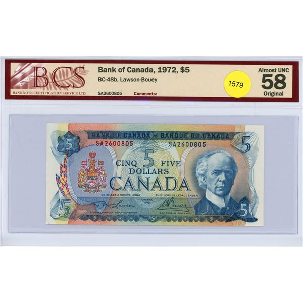 1972 BCS Graded Canadian Five Dollar Bill